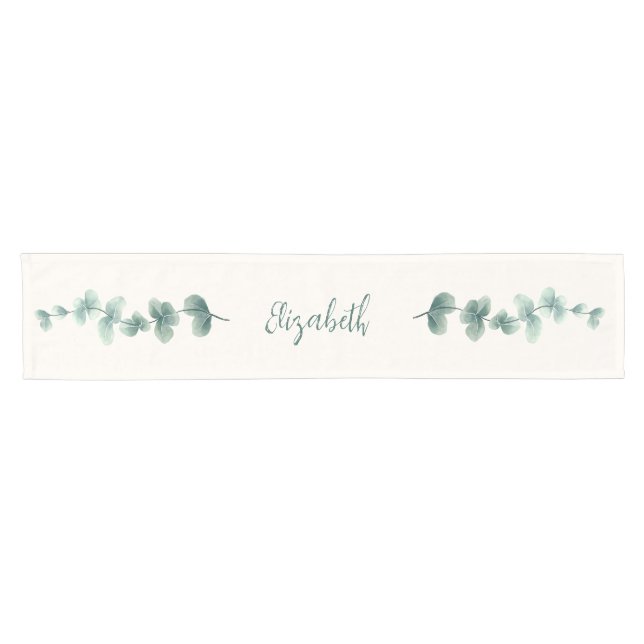 Modern Watercolor Eucalyptus Green Pattern Short Table Runner (Horizontal)