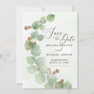 Modern Watercolor Eucalyptus Greenery Gold Accent Save The Date
