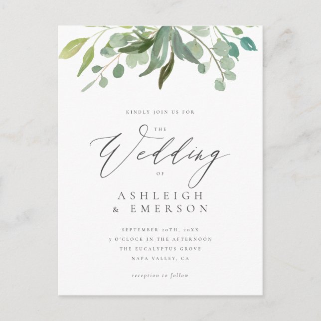 Modern Watercolor Eucalyptus Greenery Wedding Invitation Postcard (Front)