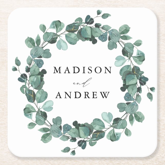 Modern Watercolor Eucalyptus Greenery Wedding Square Paper Coaster (Front)