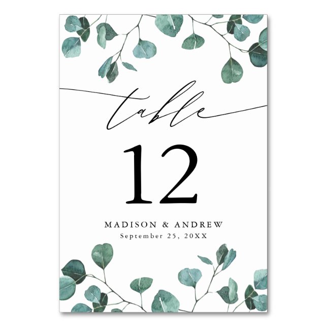 Modern Watercolor Eucalyptus Greenery Wedding Table Number (Front)