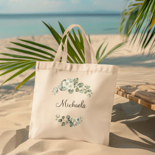 Modern Watercolor Eucalyptus Leaves Personalized Tote Bag