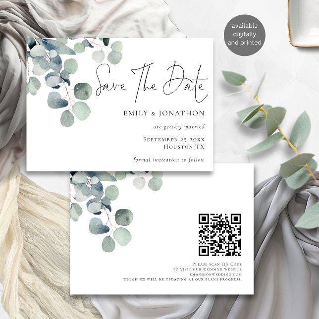 Modern Watercolor Eucalyptus QR Code Script Save The Date (Front and back view)