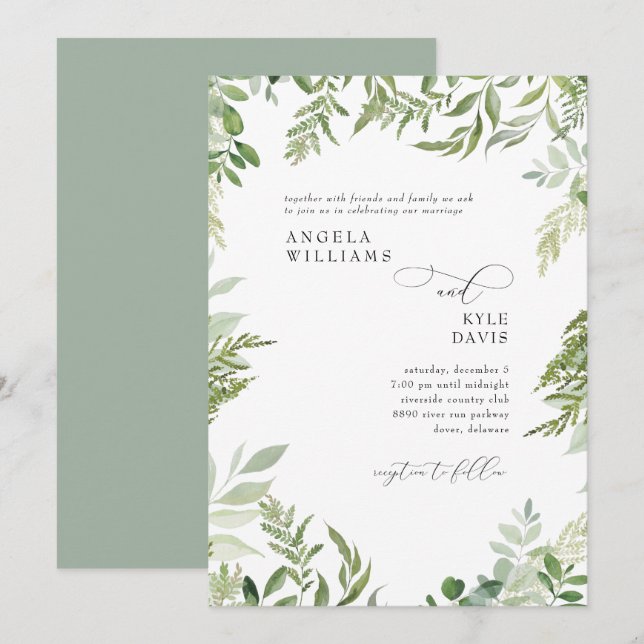 Modern Watercolor Eucalyptus Sage Wedding  Invitat Invitation (Front/Back)