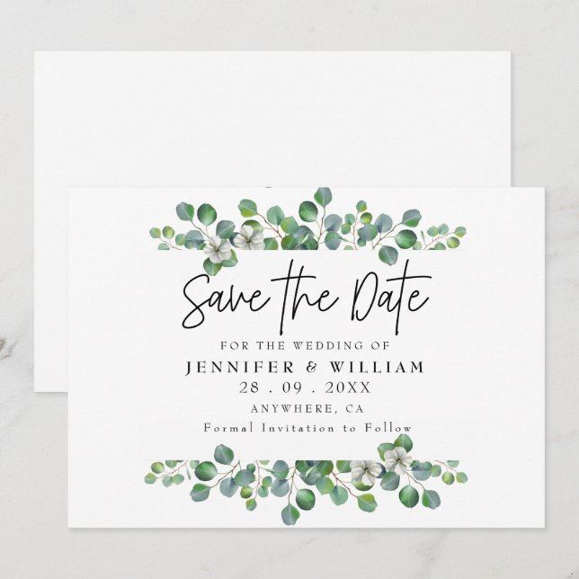 Modern Watercolor Eucalyptus Save the Date Invitation (Front/Back)