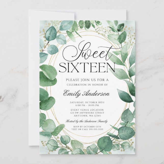 Modern Watercolor Eucalyptus Sweet 16 Invitation (Front)