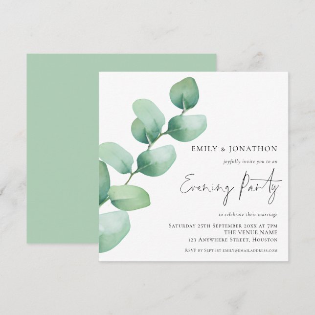 Modern Watercolor Eucalyptus Wedding Evening Party Invitation (Front/Back)