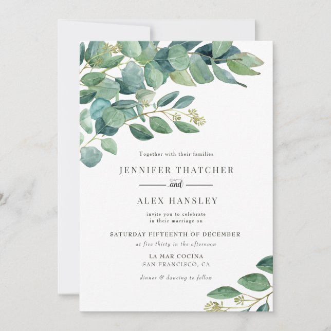 Modern Watercolor Eucalyptus Wedding Invitation (Front)