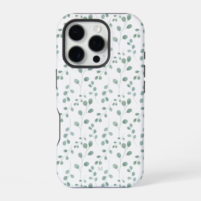 Modern Watercolor Eucalyptus White Personalised iPhone Case (Back)