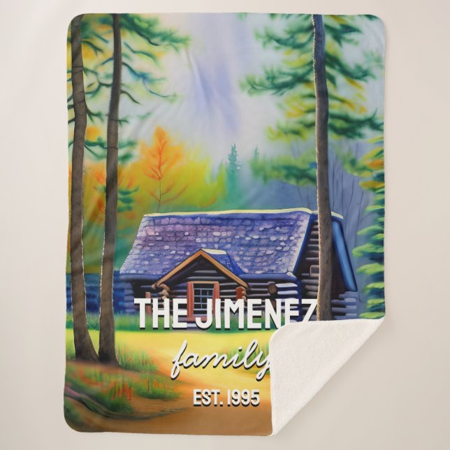 Modern watercolor fall log cabin elegant family sherpa blanket (Front)