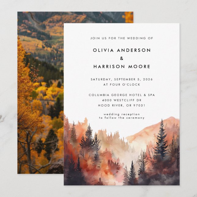 Modern Watercolor Fall Mountain Photo Wedding  Invitation (Front/Back)