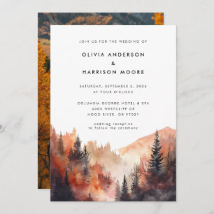 Modern Watercolor Fall Mountain Photo Wedding Invitation