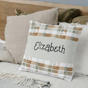 Modern Watercolor Fall Plaid Name Cushion
