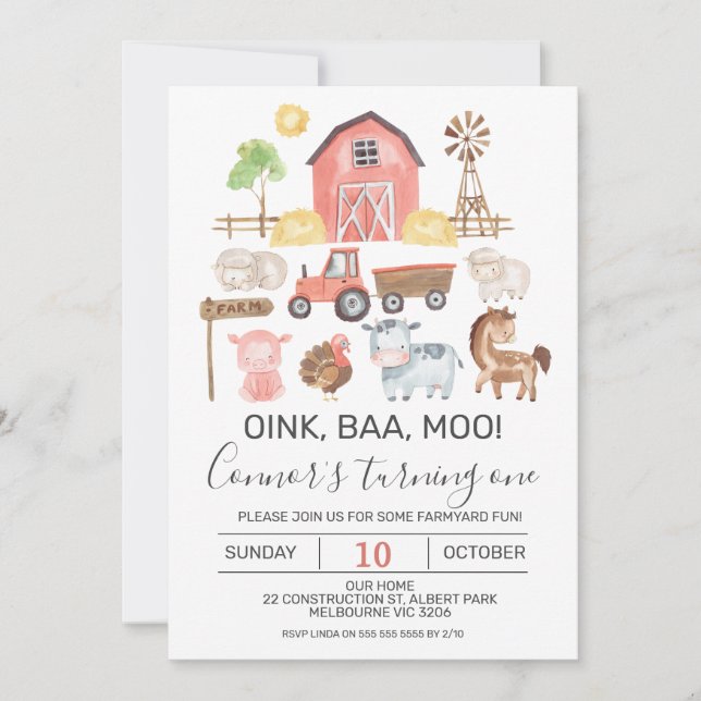 Modern Watercolor Farm Birthday Invitation (Front)