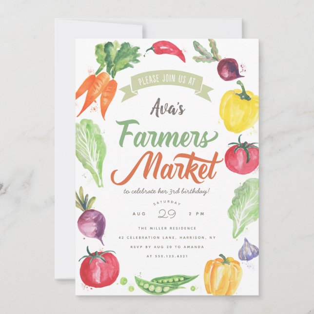 Modern Watercolor Farmers Market Birthday Party Invitation (Front)