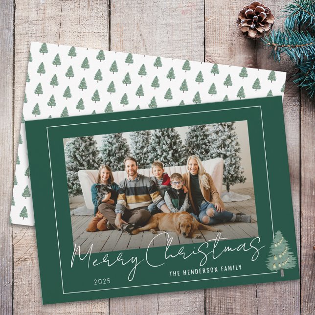 Modern Watercolor Festive Tree Christmas Photo Holiday Card (Modern watercolor festive tree & lights christmas family photo green & white holiday greeting card)