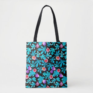 Modern Watercolor Fig Fruit Leaves Pattern Tote Bag
