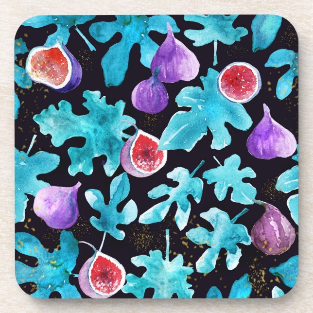 Modern Watercolor Figs Fruit on Black Coaster (Front)