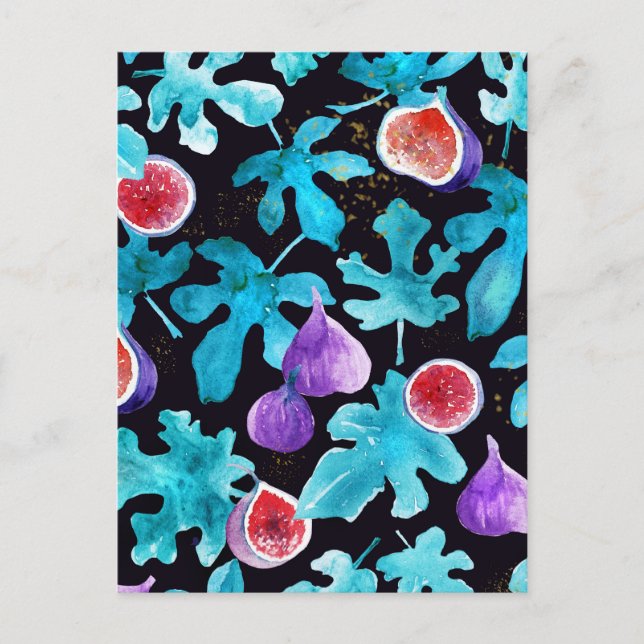 Modern Watercolor Figs Fruit on Black Postcard (Front)