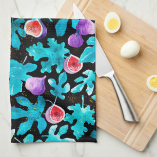 Modern Watercolor Figs Fruit on Black Tea Towel