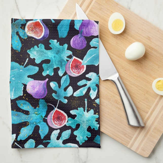 Modern Watercolor Figs Fruit on Black Tea Towel (Quarter Fold)