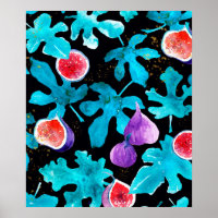 Modern Watercolor Figs Fruit on Black Throw Pillow