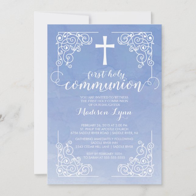 Modern Watercolor First Holy Communion Invitation (Front)