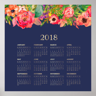 Modern Watercolor Floral 2018 Calendar Poster