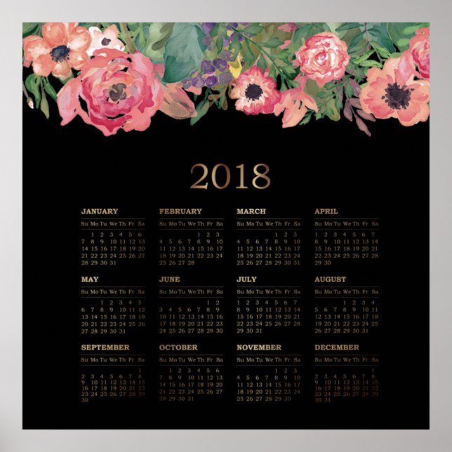 Modern Watercolor Floral 2018 Calendar Poster (Front)