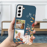 Modern Watercolor Floral 2-Photo Monogram Samsung Galaxy Case<br><div class="desc">Trendy and modern corner cluster of pretty watercolor flowers,  two square photo templates and monogram text field with customisable background colour.</div>
