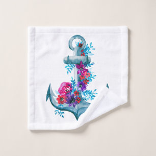 Modern Watercolor Floral Anchor Illustration Wash Cloth