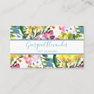 Modern Watercolor Floral Art Teacher Business Card