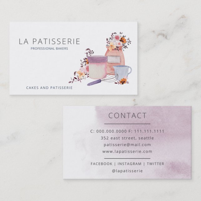 Modern Watercolor Floral Bakery Pastry Chef Business Card (Front/Back)
