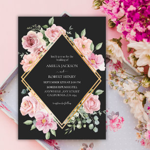 Modern watercolor floral Black and gold Wedding Invitation