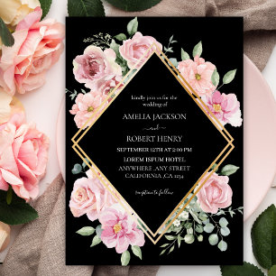 Modern watercolor floral Black and gold Wedding Invitation
