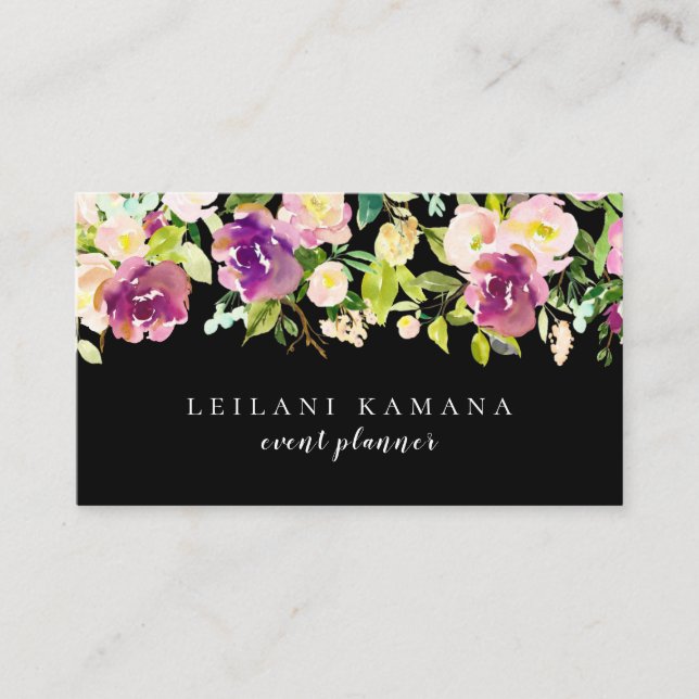 Modern Watercolor Floral Black Business Card (Front)
