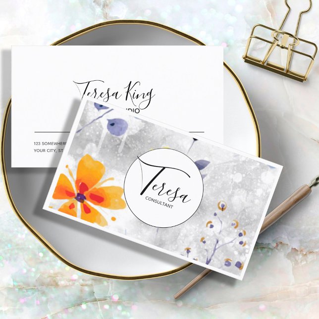 Modern Watercolor Floral Blue/Gold ID568 Business Card (Creator Uploaded)