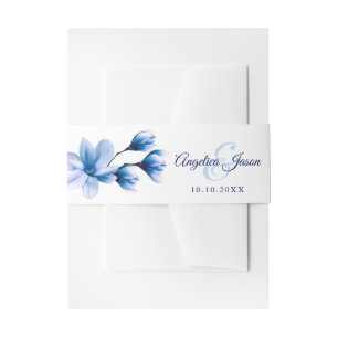 Modern Watercolor Floral Blue Navy White Wedding Invitation Belly Band
