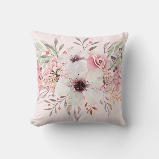 Modern Watercolor Floral Blush Pink Cushion (Front)