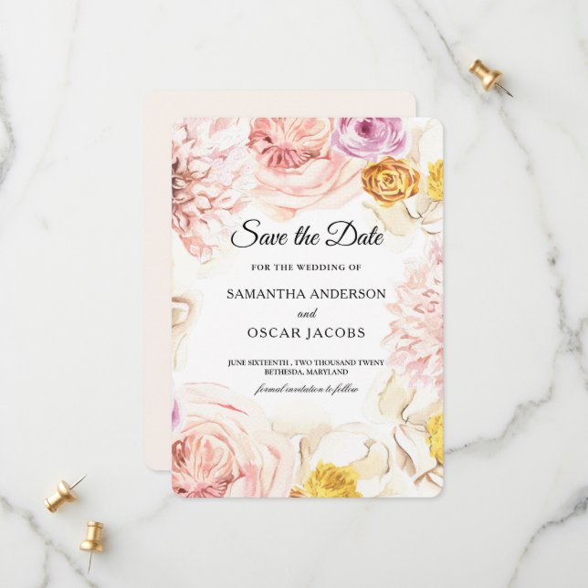 Modern Watercolor Floral | | Blush Pink & Yellow  Save The Date (Front/Back In Situ)