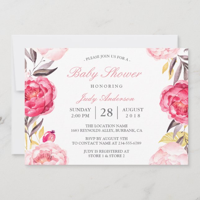 Modern Watercolor Floral Botanical Baby Shower Invitation (Front)