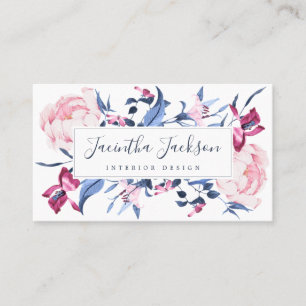 Modern Watercolor Floral Botanical Blue Pink Chic Business Card