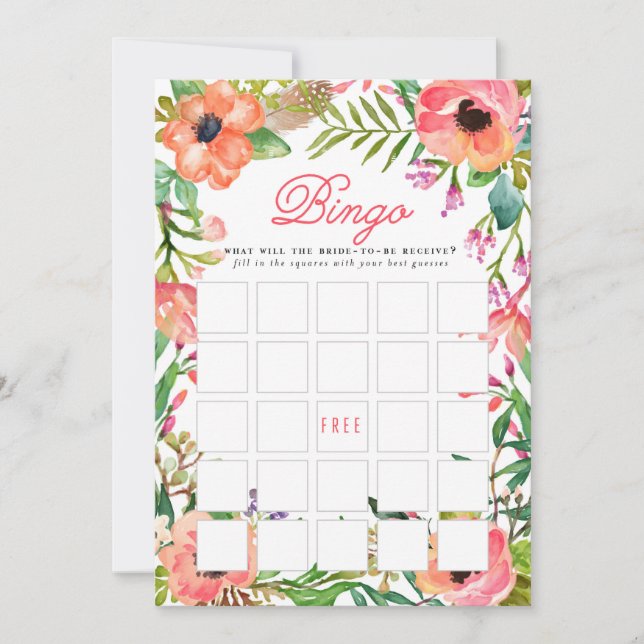 Modern Watercolor Floral Bridal Shower Bingo Game Invitation (Front)