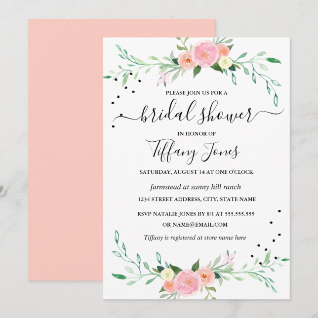 Modern Watercolor Floral Bridal Shower Invitation (Front/Back)