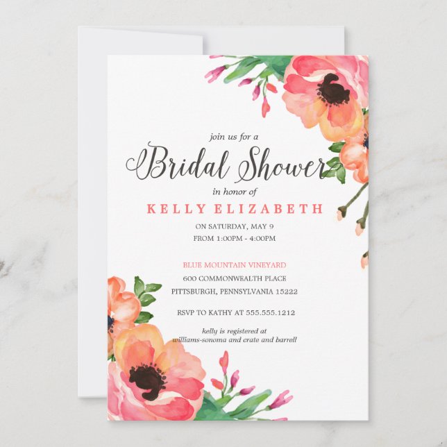 MODERN WATERCOLOR FLORAL bridal shower invitation (Front)