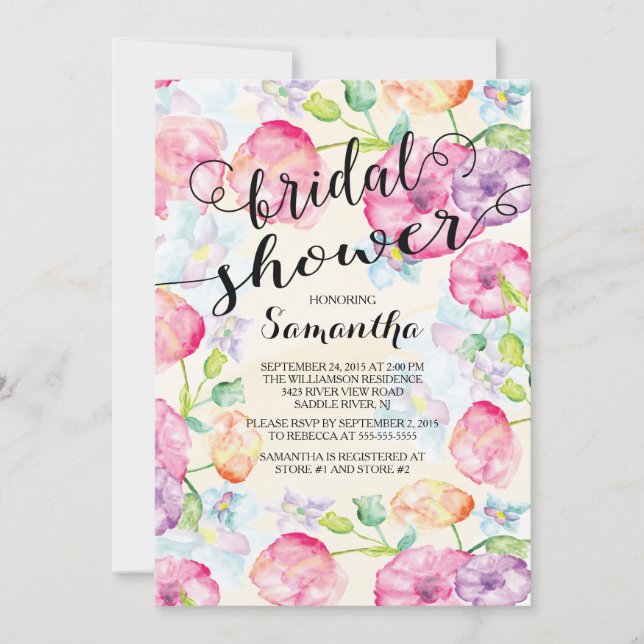 Modern Watercolor Floral Bridal Shower Invitation (Front)