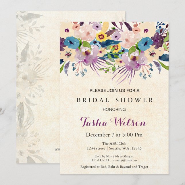 modern watercolor floral Bridal Shower Invite (Front/Back)