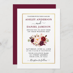 Modern Watercolor Floral Burgundy Wedding Invitation