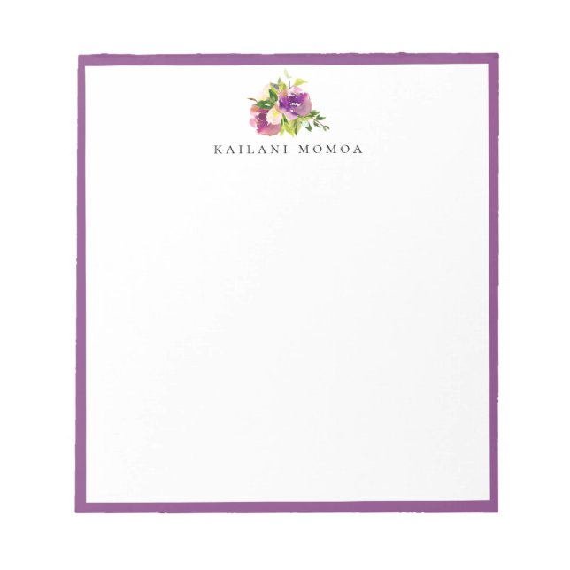Modern Watercolor Floral Cassis Purple Frame Notepad (Front)