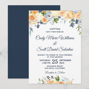 Modern Watercolor Floral Coral Navy Blue Wedding Invitation